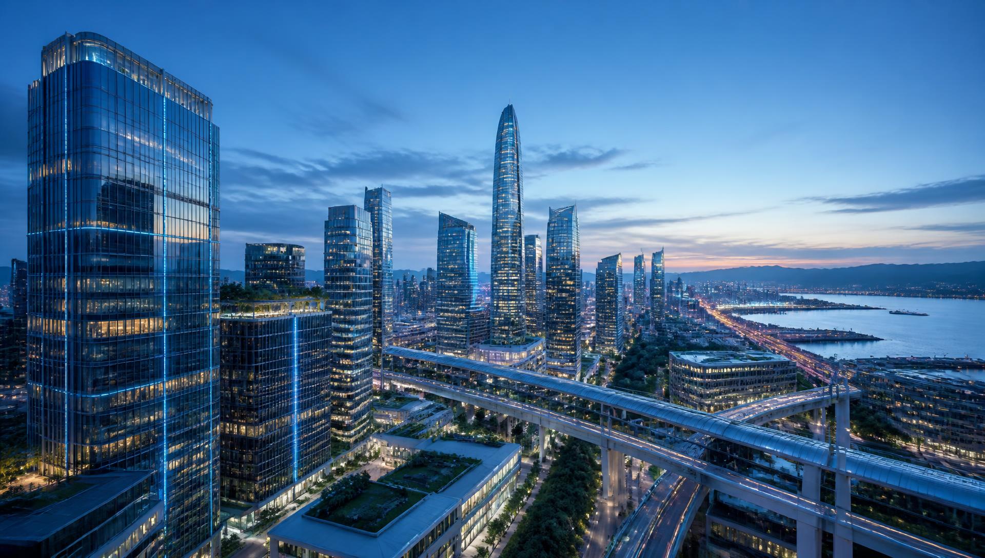 Coastal city of glass towers and elevated transit lines at blue hour
